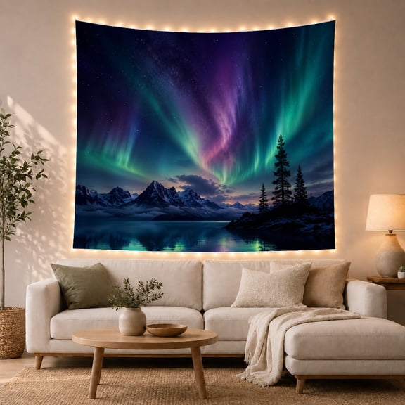 Aurora Borealis Over Reflective Lake With Evergreen Trees Serene Celestial for Nature Enthusiasts Forest Landscape Art Decor Birthday Gift Tapestry Wall Hanging for Bedroom and Living Room