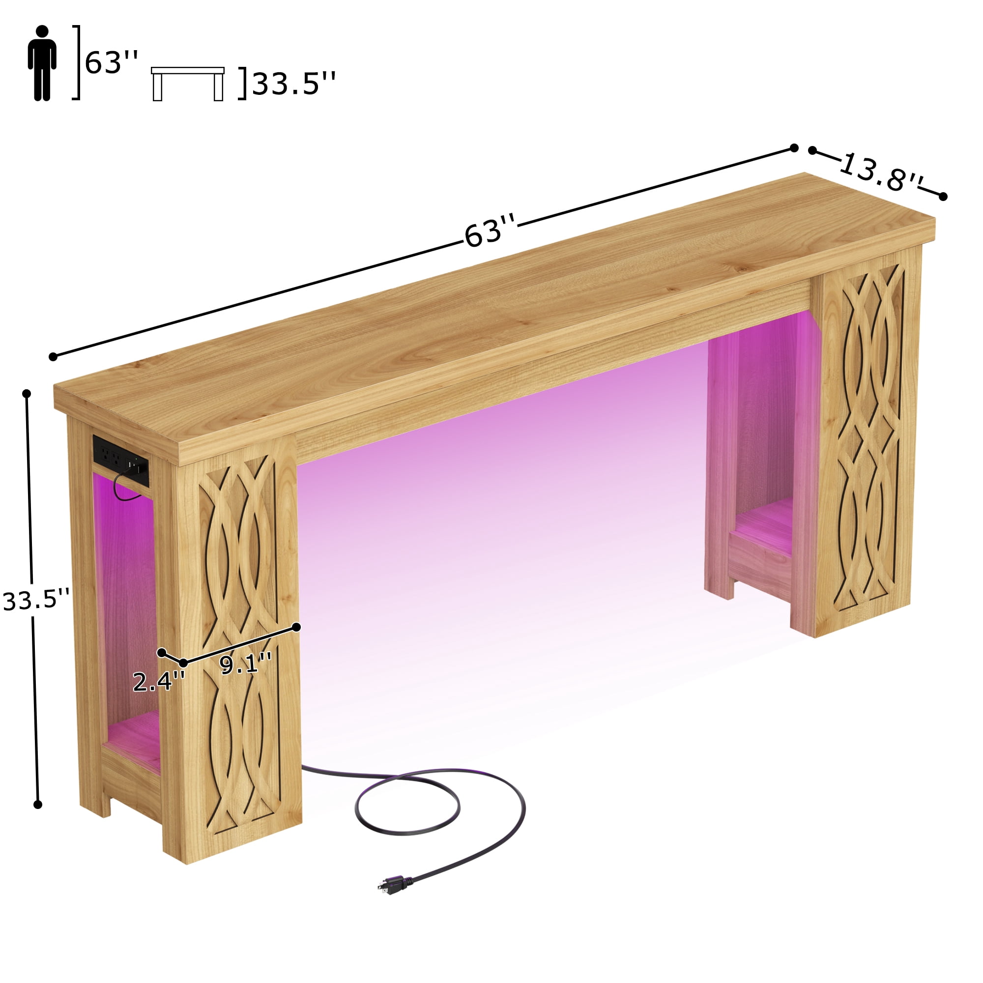 Homieasy 63'' Farmhouse Console Table with Charging Station and LED Lights for Hallway, Entryway, Living Room, Brown Oak