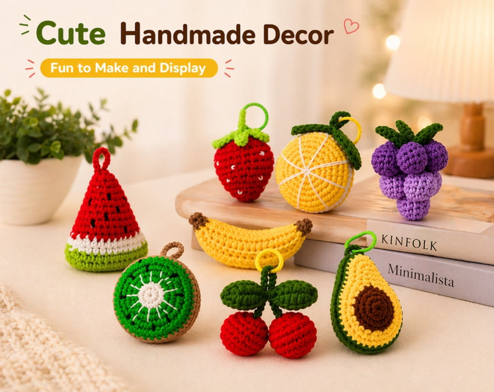 8 Pack Fruit Crochet Kit for Beginners, Fruit Amigurumi Starter Set with Step by Step Video Tutorial, TIKA