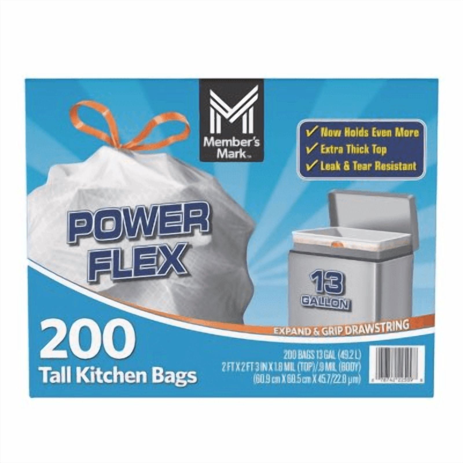 13-Gallon Tall Kitchen Trash Bags, Drawstring Closure, Heavy Duty Strong, Tear & Leak Resistant, 200 Count