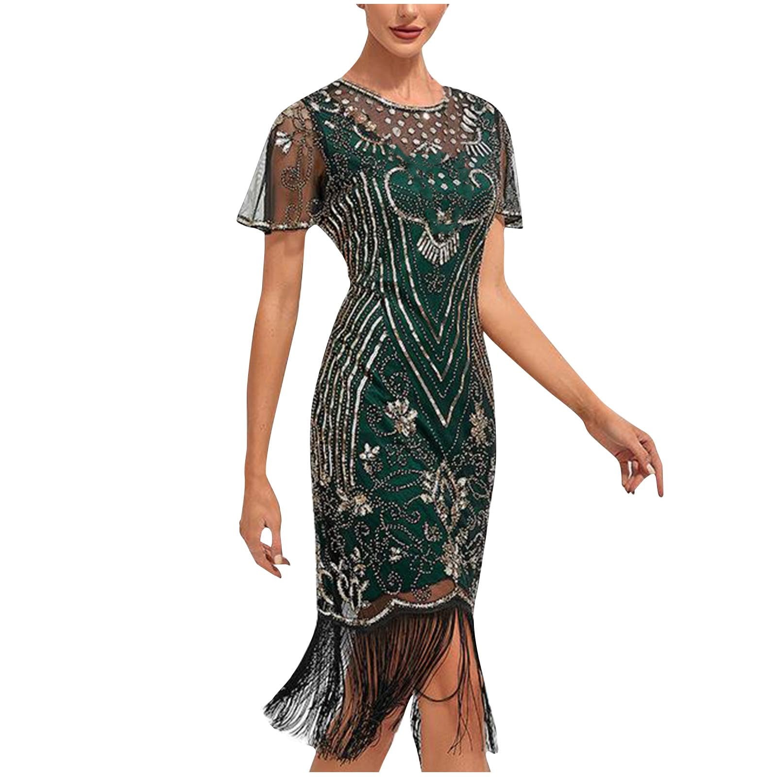 Flapper Dresses 1920S Dresses For Women,Crew Neck Great Gatsby Dresses With Sleeve Roaring 20S Dress For Harlem Nights Green S