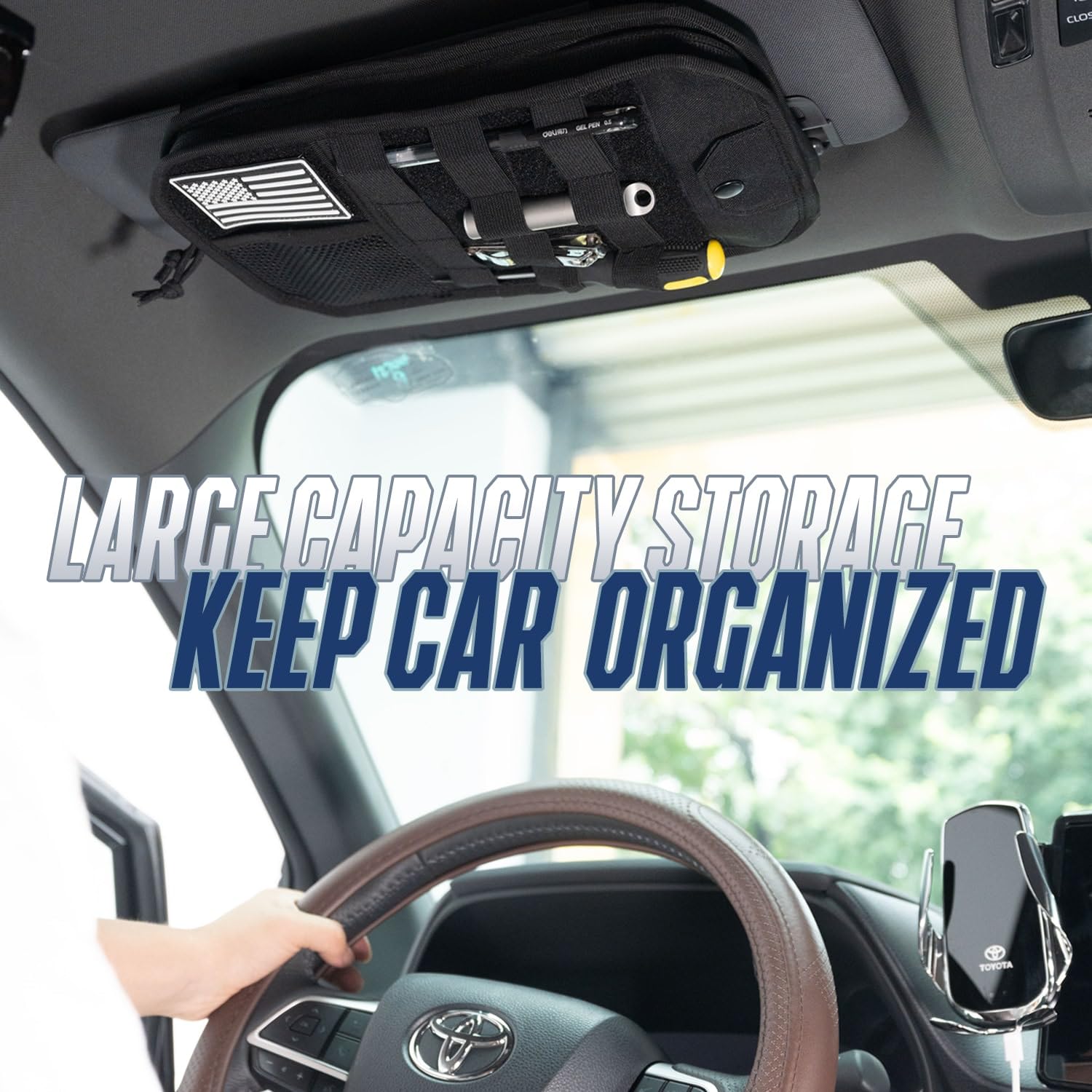 SUGUANGHUI Car Sun Visor Organizer, Multi-Pocket Visor Organizer Storage Pouch with Zippers, Elastic Bands & Glasses Clip, Car Visor Accessories