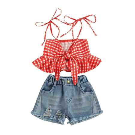 

Bmnmsl Girls Summer Sets Sleeveless Plaid Tops Denim Shorts