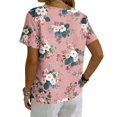 thumbnail image 6 of Vintage Floral V-Neck Tunic Tops for Women - Short Sleeve Button Detail Casual Blouse, Loose Fit Cotton-Linen Look Pullover Shirt for Summer & Vacation Pink L, 6 of 6