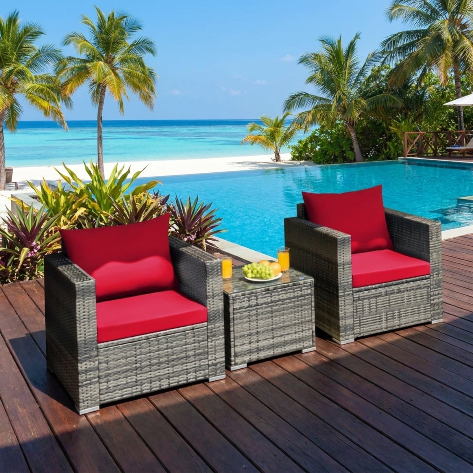 Biotree Patio Furniture Set 3 Pcs Rattan Outdoor Bistro Conversation Set with Cushioned Sofas and Coffee Table for Garden Backyard Porch, Red
