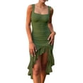 thumbnail image 3 of Women'S Ruched Bodycon Midi Dresses Square Neck Sleeveless Ruffle Hem Club Party Tank Dress Military Green L, 3 of 7