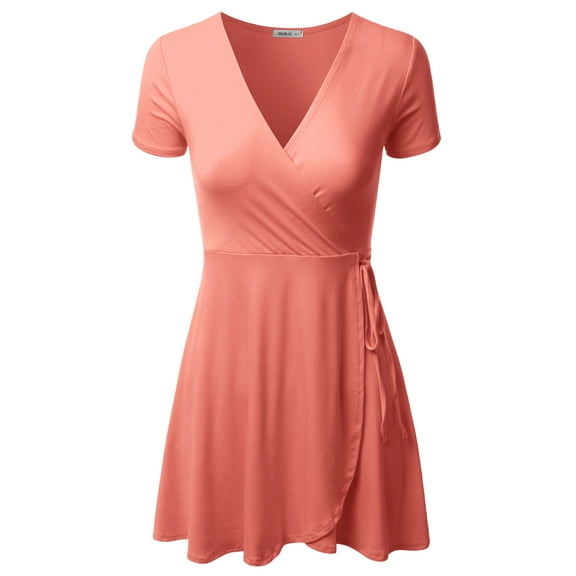 Doublju Women's V-Neck Short Sleeve Swing Flare A-Line Dress