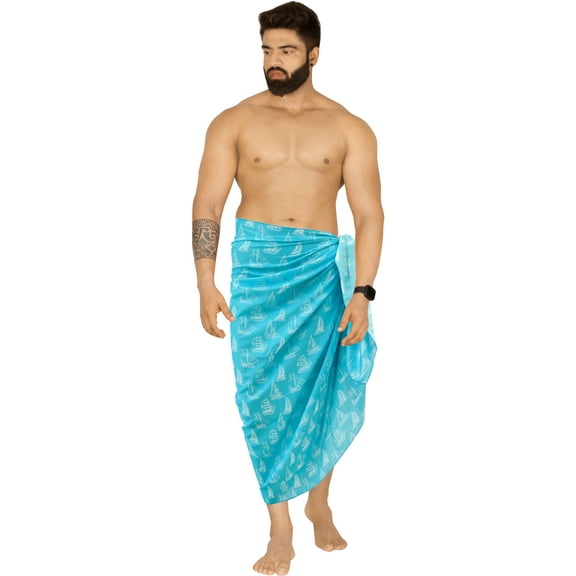 HAPPY BAY Men's Cover Up Casual Vacation Beach Holidays Summer Long Swim Trunk Swimwear for Men Beachwear Pareo One Size Blue Boat