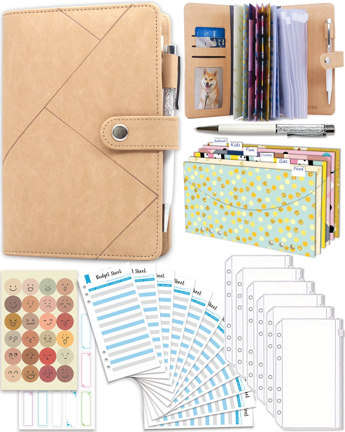 Budget Binder with Zipper Cash Envelopes, GINMLYDA Leather 6 Ring Budget Planner Linear Khaki