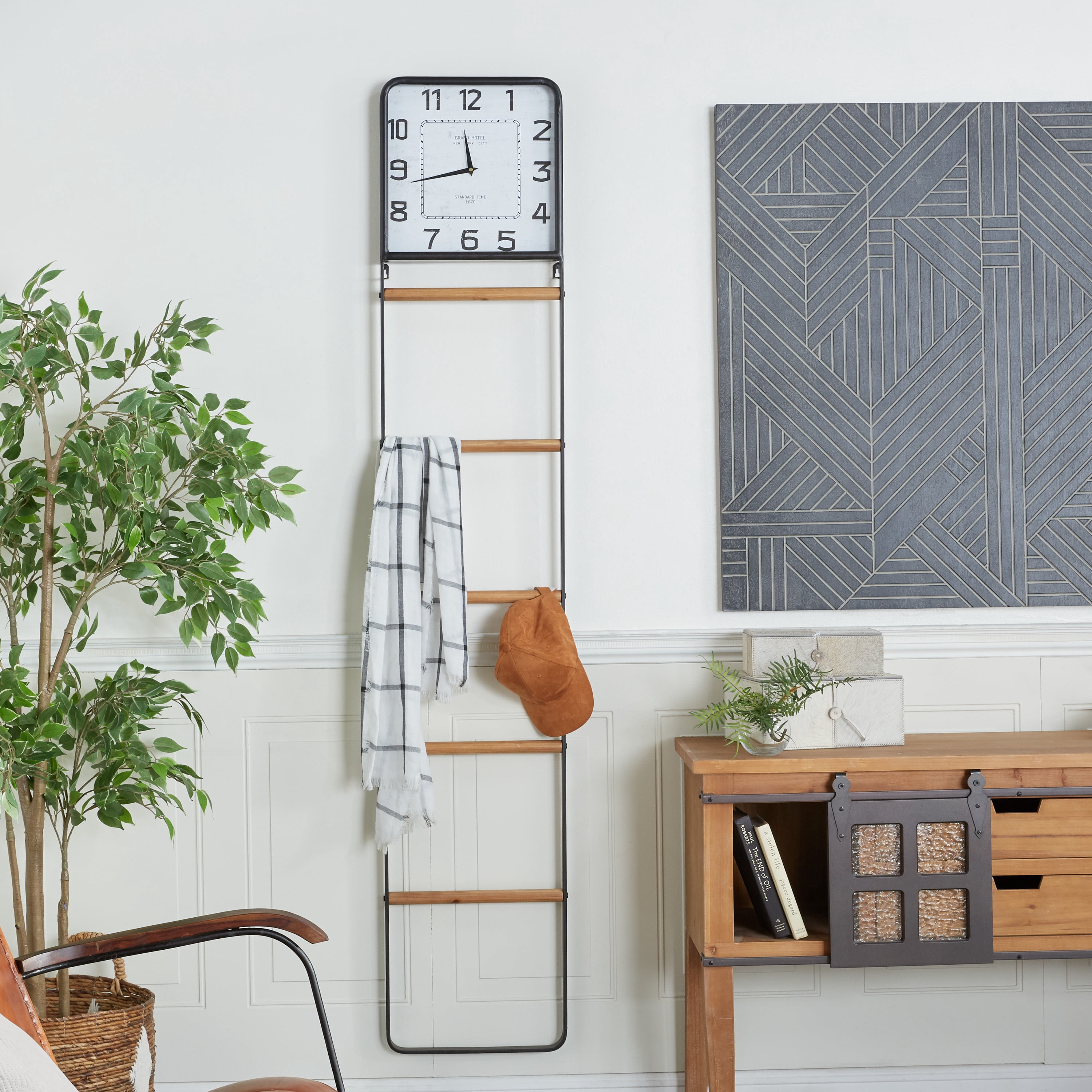 DecMode 14" x 88" Black Metal 5 Rack Ladder with Clock, 1-Piece