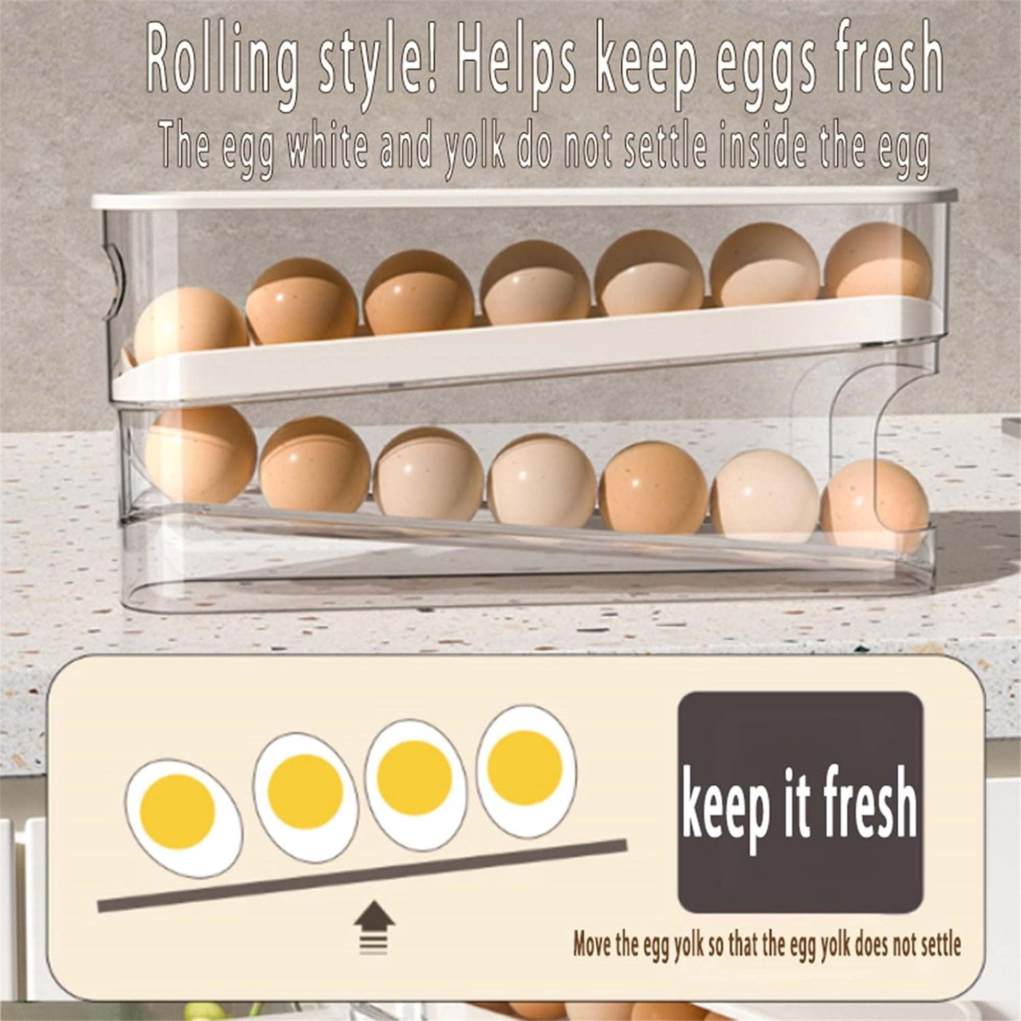 JKCCZLLRefrigerator egg rack, 2026 new refrigerator egg rack automatic rolling egg rack rolling dispenser, stackable refrigerator container and covered storage (1 piece),Transparent