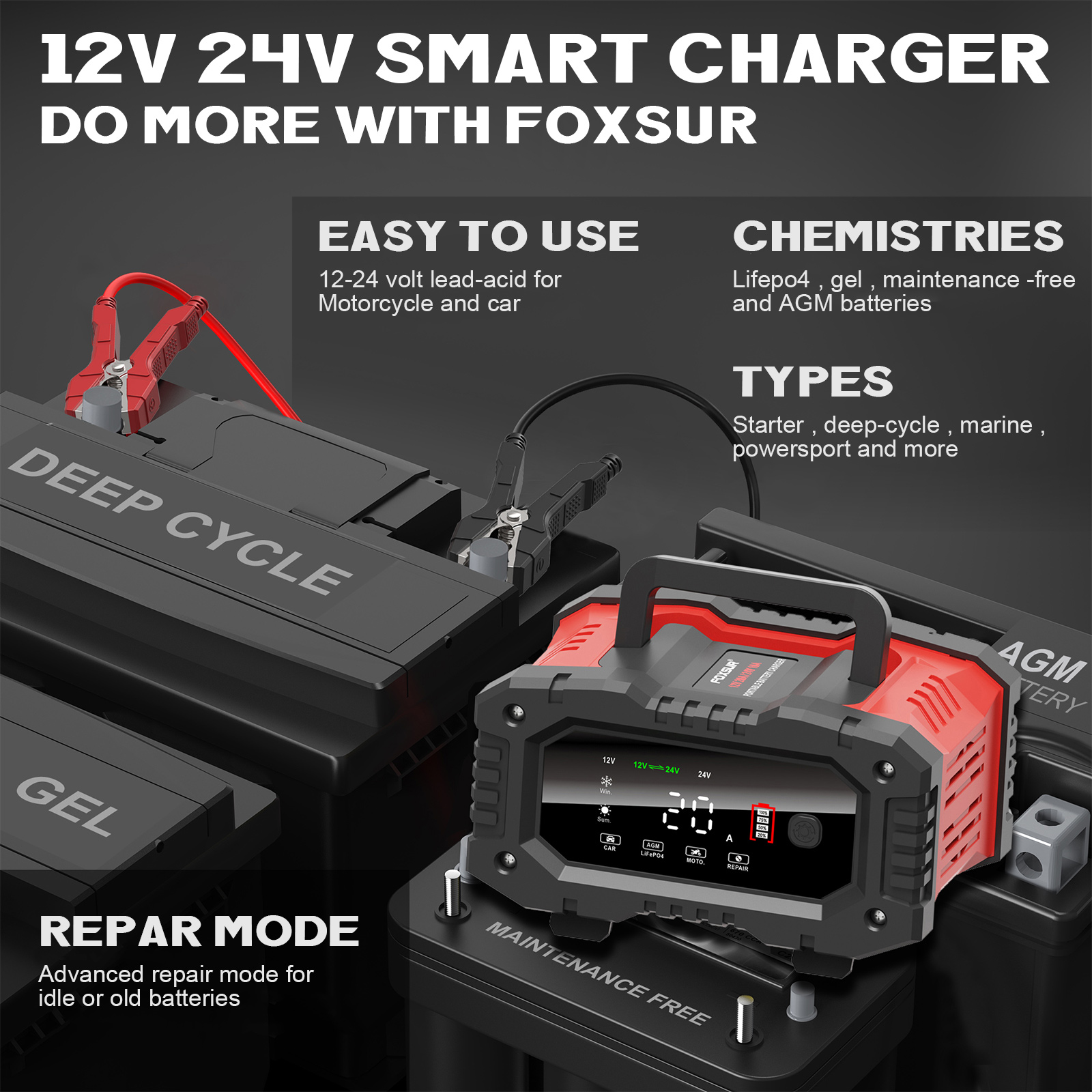 20Amp Battery Charger,12/24V Lifepo4 Lead Acid Automatic Smart Battery Charger, Portable Automotive Trickle Charger, Automobile Battery Maintainer, for Car Truck Motorcycle