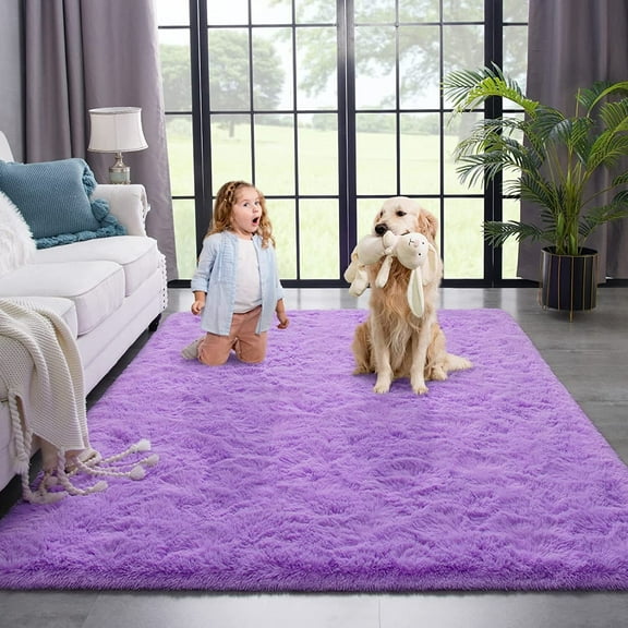 Dwelke Ultra Fluffy Rug Indoor Plush Soft Carpet for Living Room Anti-Skid Durable Area Rug 4x5.3ft Purple