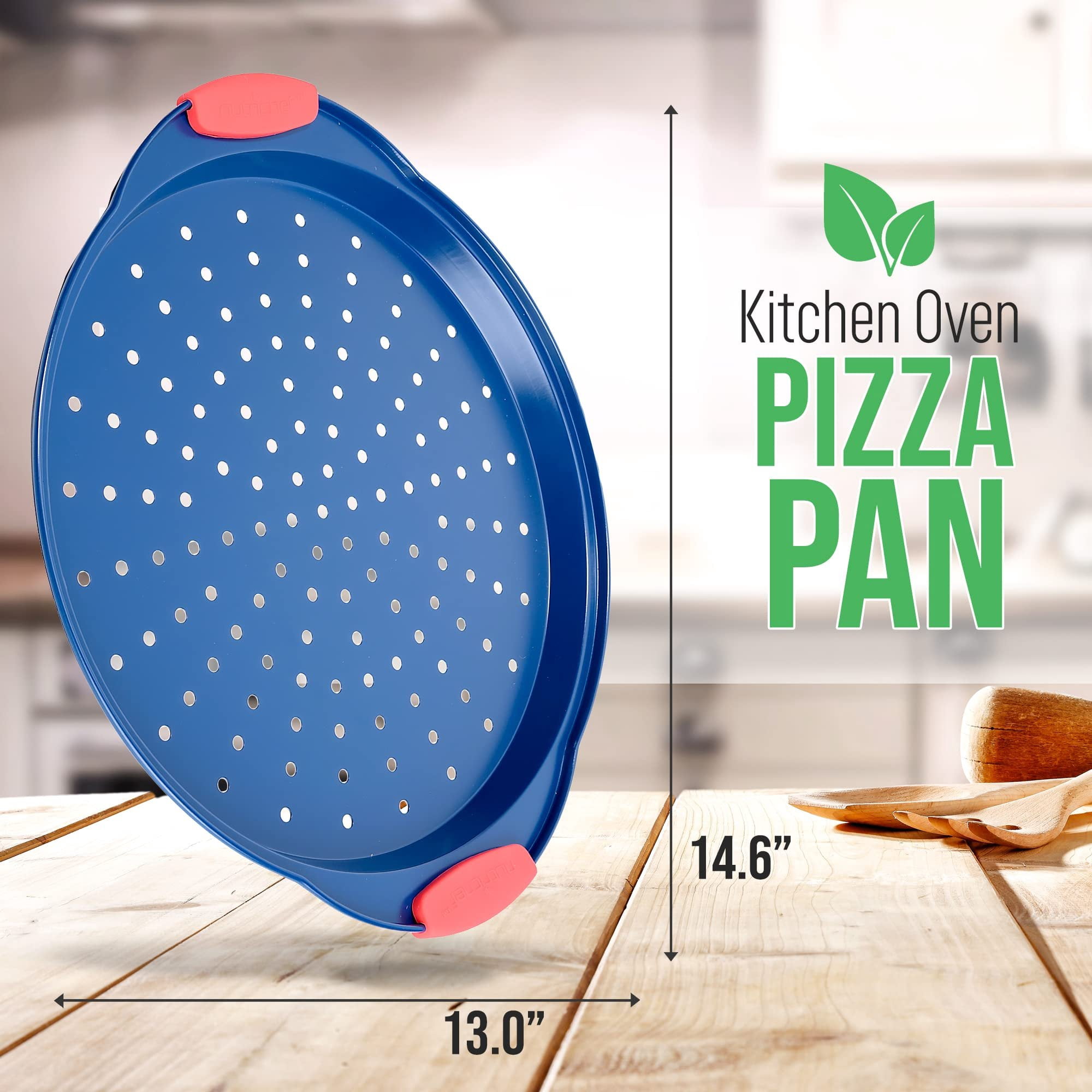 NutriChef Non-Stick Pizza Pan - Deluxe Nonstick Blue Coating Inside & Outside With Red Silicone Handles (Blue)