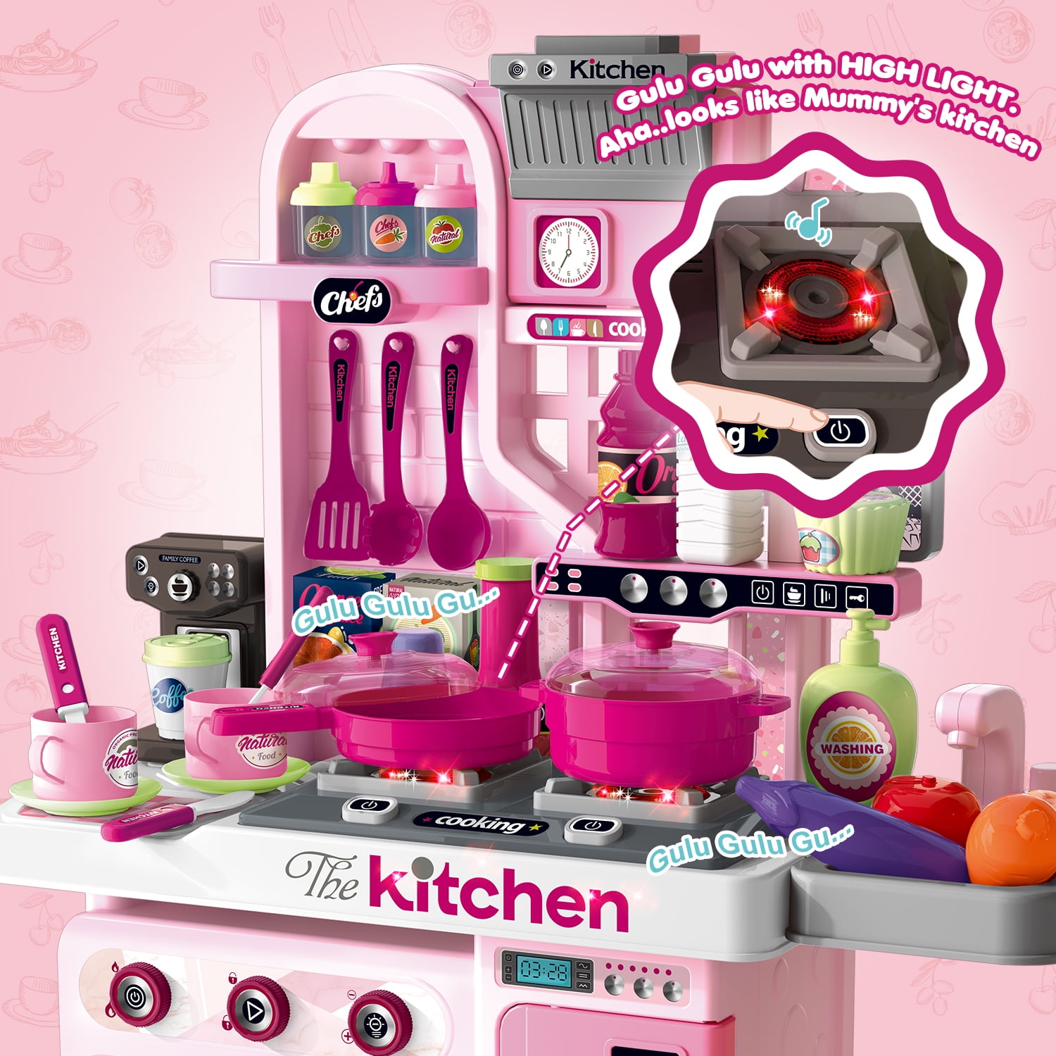 Hot Bee 34 inch Play Kitchen Toy Sets for Girls, Cooking Stove, Play Sink, Oven w/ Realistic Lights&Sounds, Birthday Christmas Toys Gift for Toddlers Girls Boys 3 4 5 6+