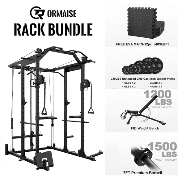 K7 Power Rack Cage, 1500LBS Weight Cage with 800LB Capacity Adjustable Weight Bench, 1500LB Capacity Barbell and 230LB Weight Plate set