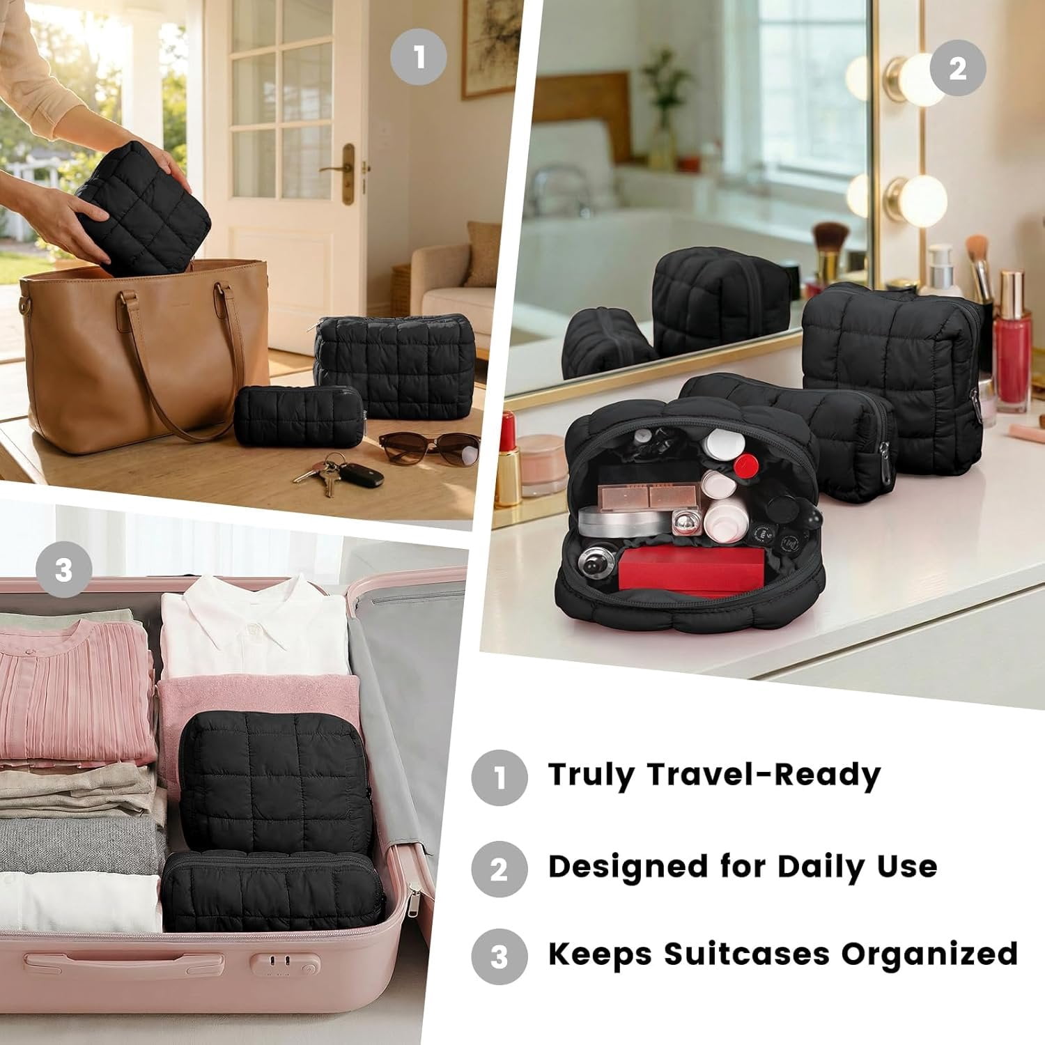 3 count Makeup Bag Set Quilted Travel Toiletry Organizer Large Capacity  Pouch Soft Storage Case for Women Girls Travel Essentials Gifts