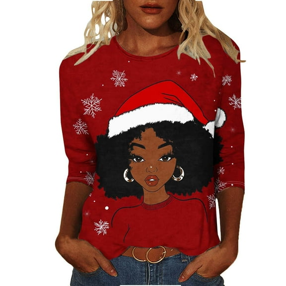 Hueook Christmas Shirts for Women Crew Neck Shirt Women's Fashion Tees Casual Crewneck 3/4 Sleeve Loose T Shirt Ladies Blouses Shirts Multicolor 2X