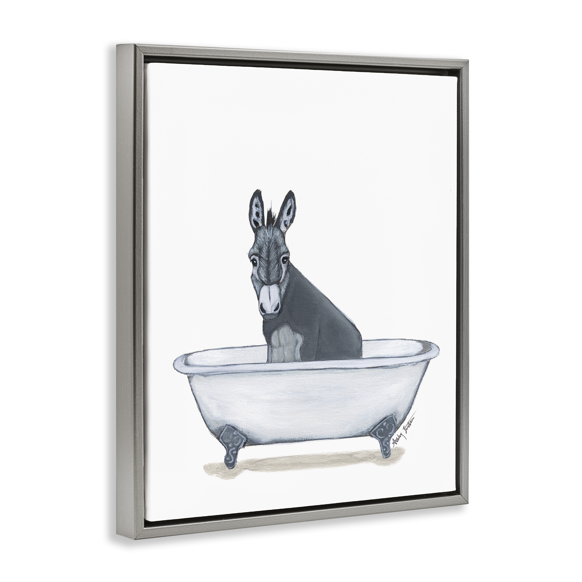 Stupell Industries Donkey in Tub Sketch Bath & Laundry Painting Gray Floater Framed Canvas Art Print Wall Art, 25 x 31