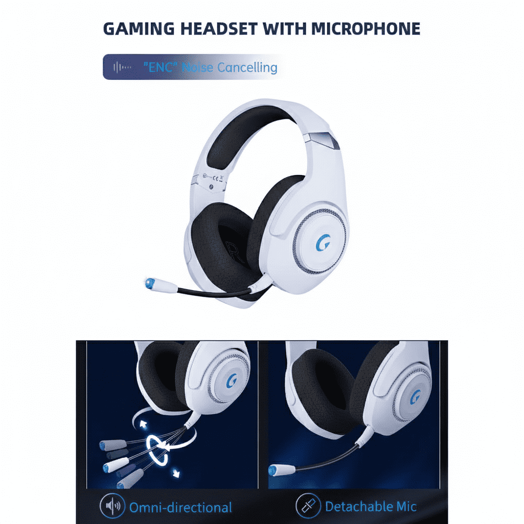 Wireless Gaming Headset for PS5 PC & Mobile, 2.4GHz USB-C BT 5.2, 40H,with Detachable Noise Cancelling Mic, White