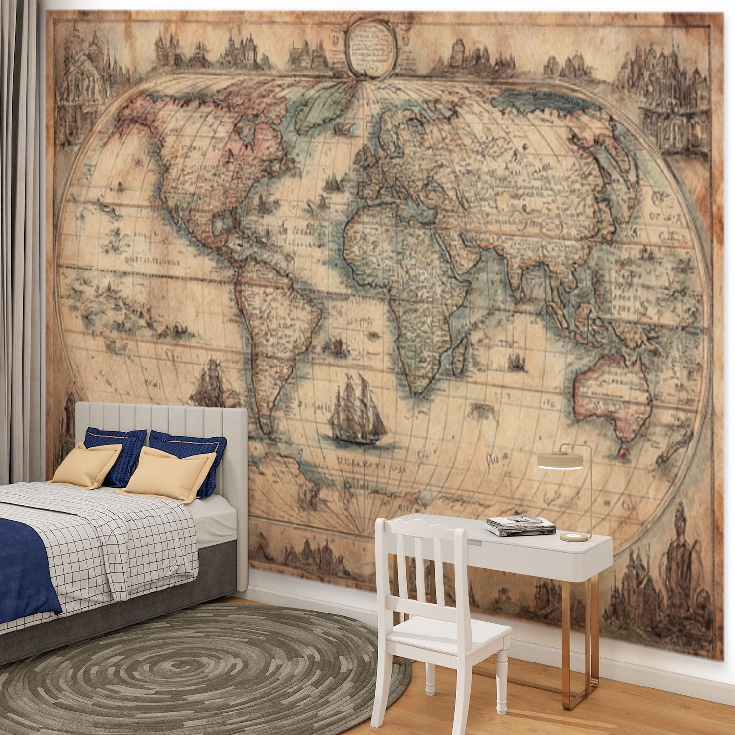 Peel and Stick Wallpaper Antique World Map Detailed Cartography Sailing Ships Modern Art Wall Mural Decor Self Adhesive and Removable 100in x 144in