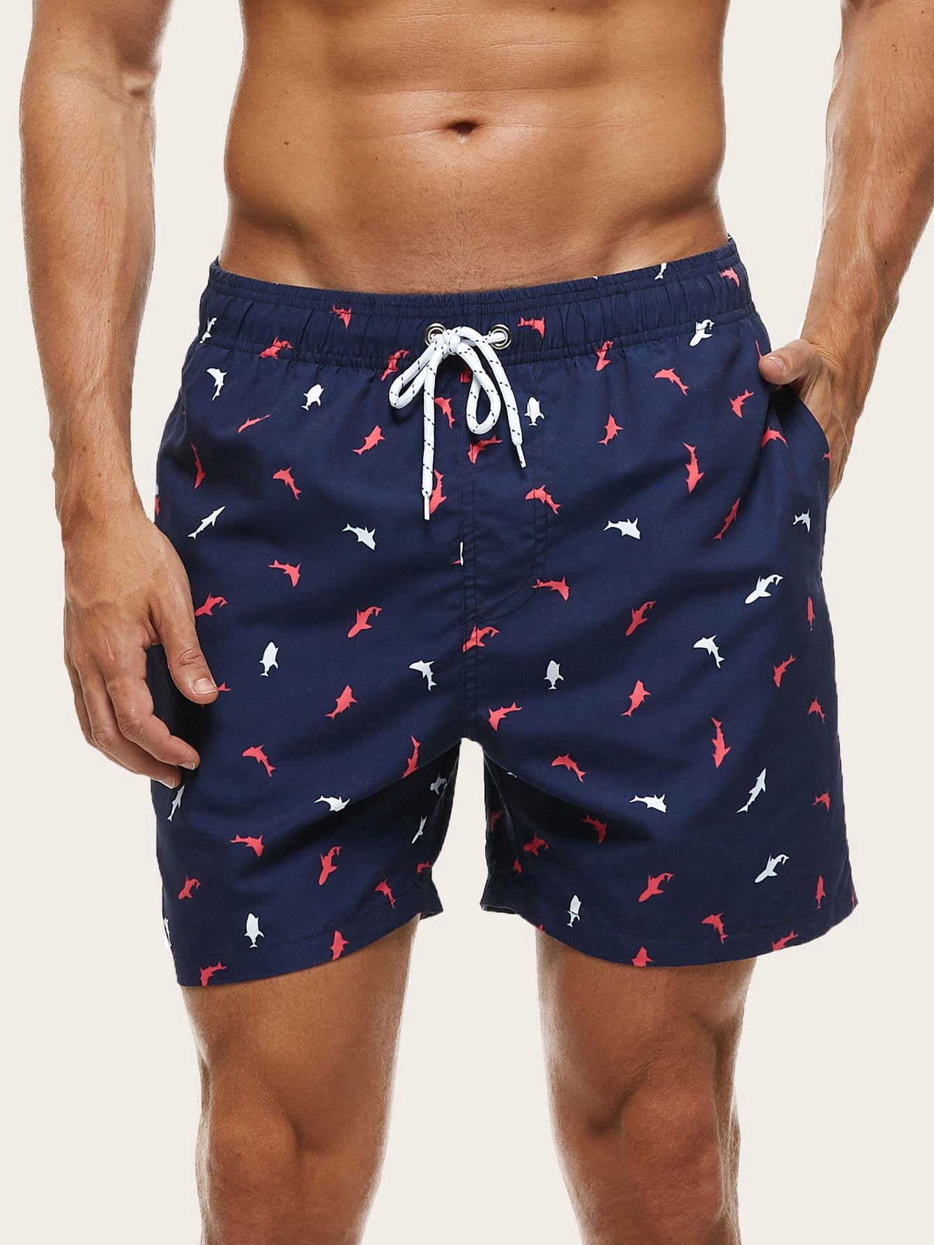 Navy Blue Men Fish Print Drawstring 