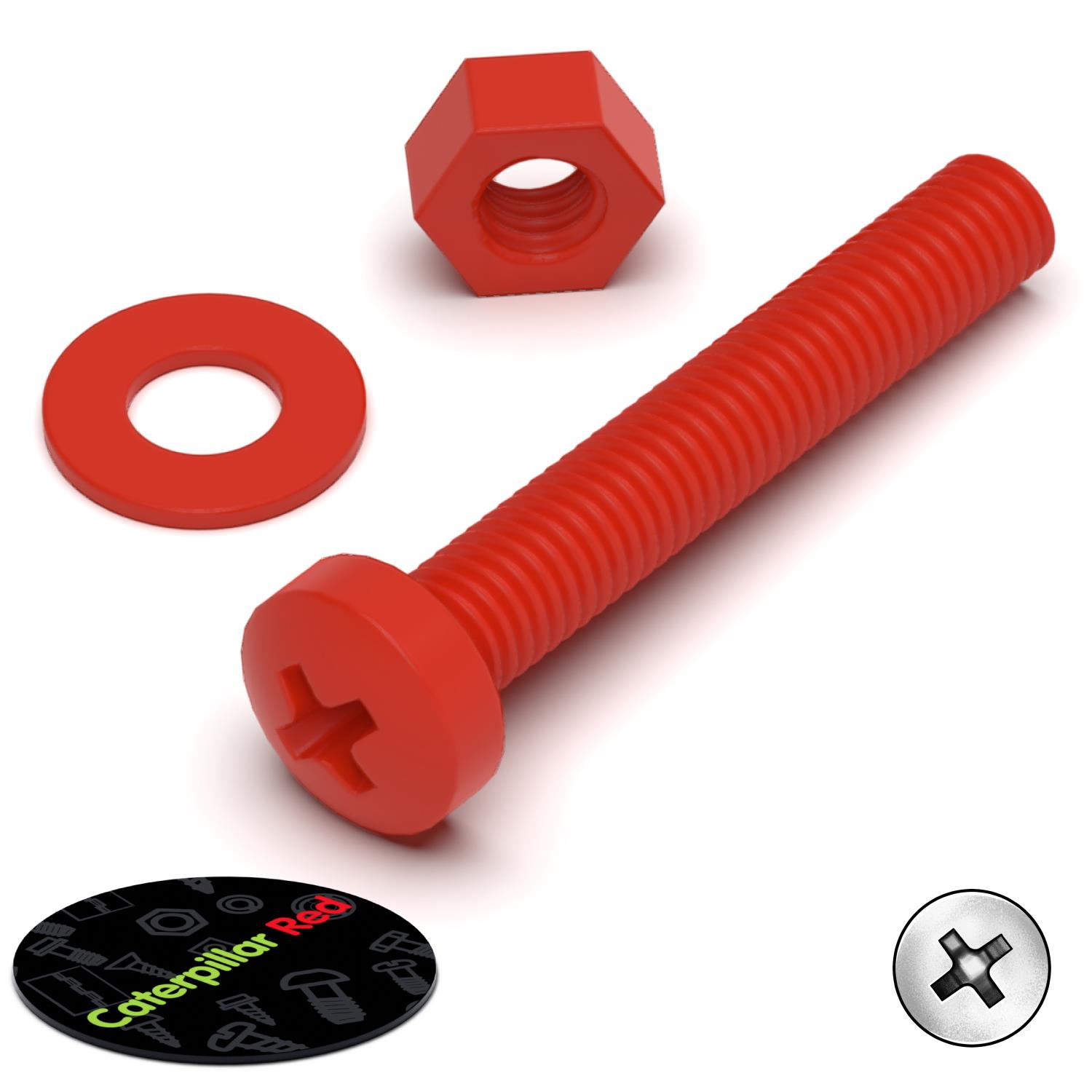 20 x Red Pan Head Screws Polypropylene (PP) Plastic Nuts and Bolts, M3 x 20mm, Washers, (3/32 x 25/32 in)