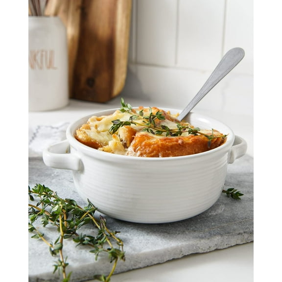 Ceramic French Onion Soup Bowls with Handles, 22 Ounces, Stackable Set of 4, Oven Microwave Dishwasher Safe