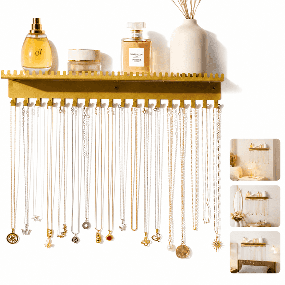 Wall Jewelry Organizer, Wall Mounted Necklace Holder & Necklace Hanger with Wide Shelf, 56 Hooks Gold Metal Hanging Jewelry Organizer for Room Decor