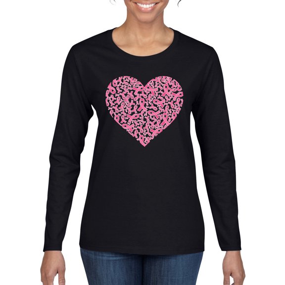 Wild Bobby, Pink Ribbon Heart, Breast Cancer Awareness, Women Graphic Long Sleeve Tee, Black, Small