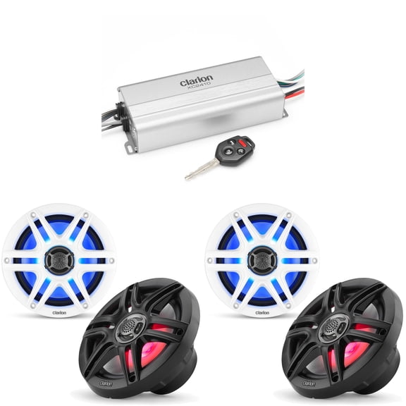 Clarion Marine 4 Channel Amp & (2) CMS-651RGB-SWB 6.5" LED Boat Audio Upgrade Bundle