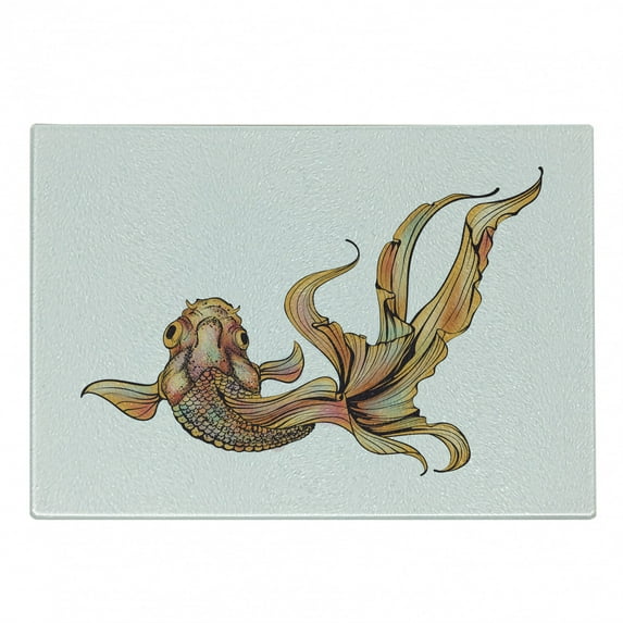 Goldfish Cutting Board, Illustration of an Aquatic Sea Animal with Colorful Design Sketchy Print, Decorative Tempered Glass Cutting and Serving Board, in 3 Sizes, by Ambesonne