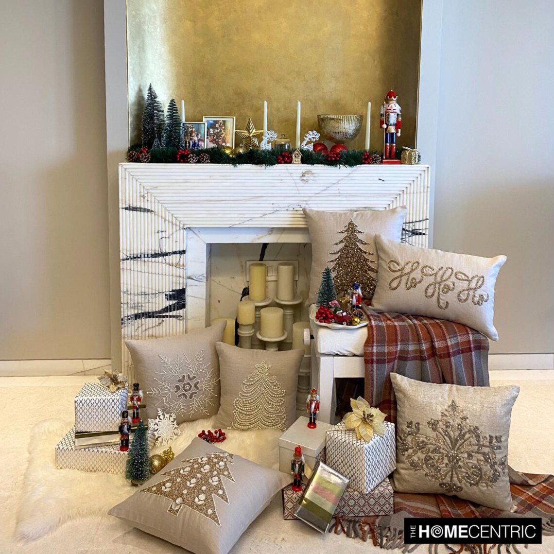 Christmas Decorative Throw Pillow cover, 20"x20" Gold Linen Pillowcase, Modern Christmas Tree Holiday Decorative Pillow Cover For Sofa Couch, Hotels, living Room, Bed Room - Glittering Pine