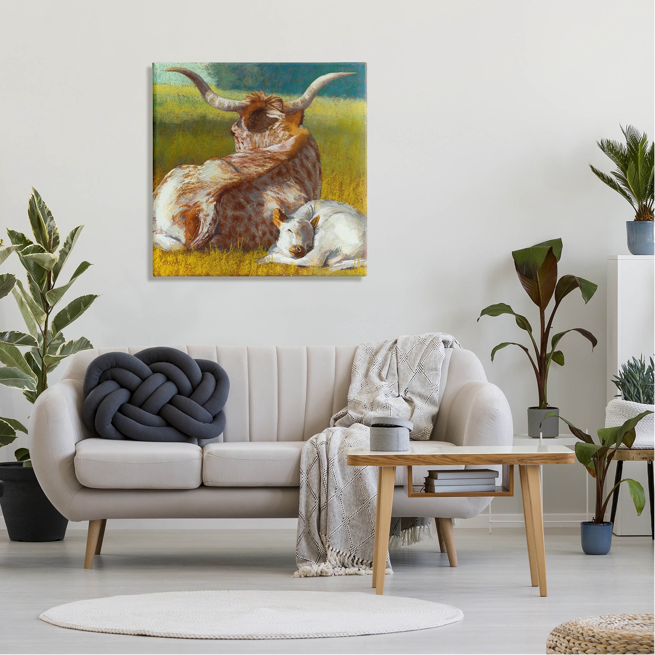 Longhorn Cattle Calf Resting Animals & Insects Painting Gallery Wrapped Canvas Print Wall Art