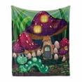 thumbnail image 1 of Mushroom Soft Flannel Fleece Throw Blanket, Illustration of a Long Worm near Mushroom Houses Fictional Little Creatures, Cozy Plush for Indoor and Outdoor Use, 50" x 70", Multicolor, by Ambesonne, 1 of 6