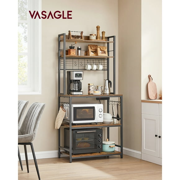 VASAGLE Bakers Rack with Power Outlet, Microwave Stand, Kitchen Tall Utility Storage Shelf, with Metal Wire Panel, 14 Hooks, 40 x 80 x 170 cm, Rustic Brown and Black
