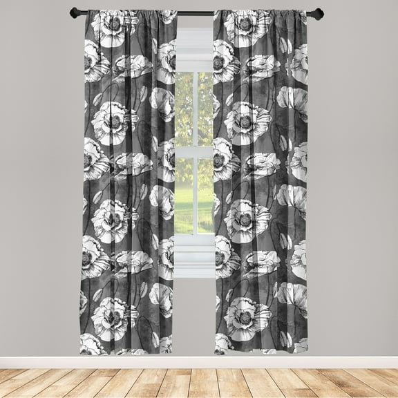 Poppy Window Curtains, Blossoming Vintage Engraved Style Poppies and Buds on Grunge Watercolor Back, Lightweight Decor 2-Panel Set with Rod Pocket, Pair of - 28"x63", Grey Black White, by Ambesonne