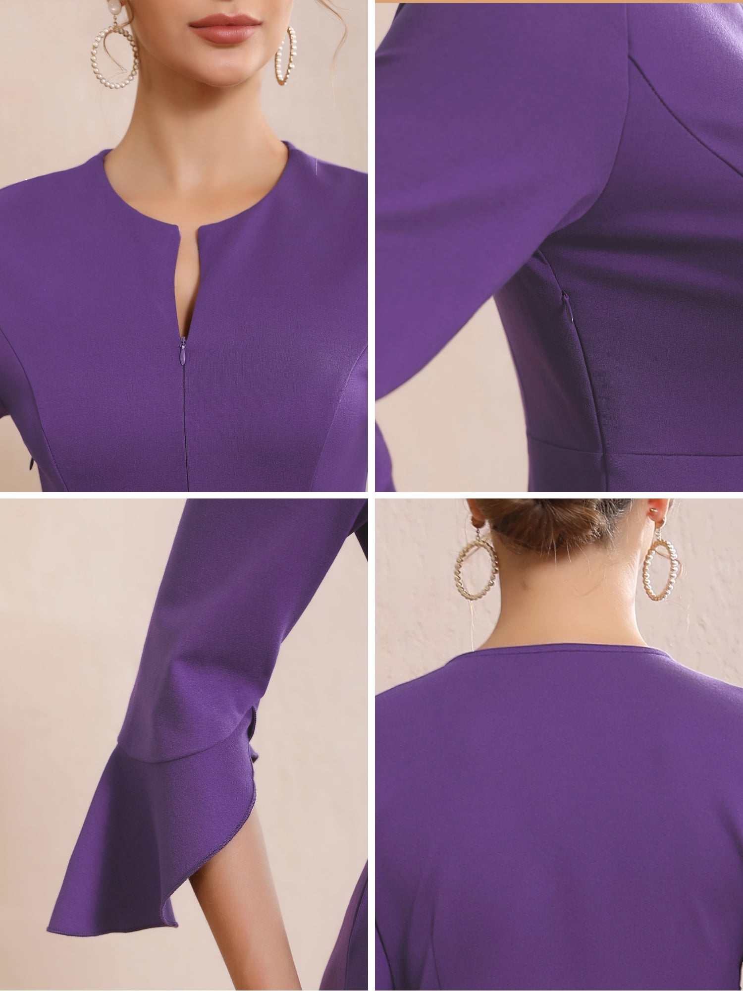 DARING DIVA Women's Zipper Front Bell Sleeves Midi A-Line Dresses 2XL Purple