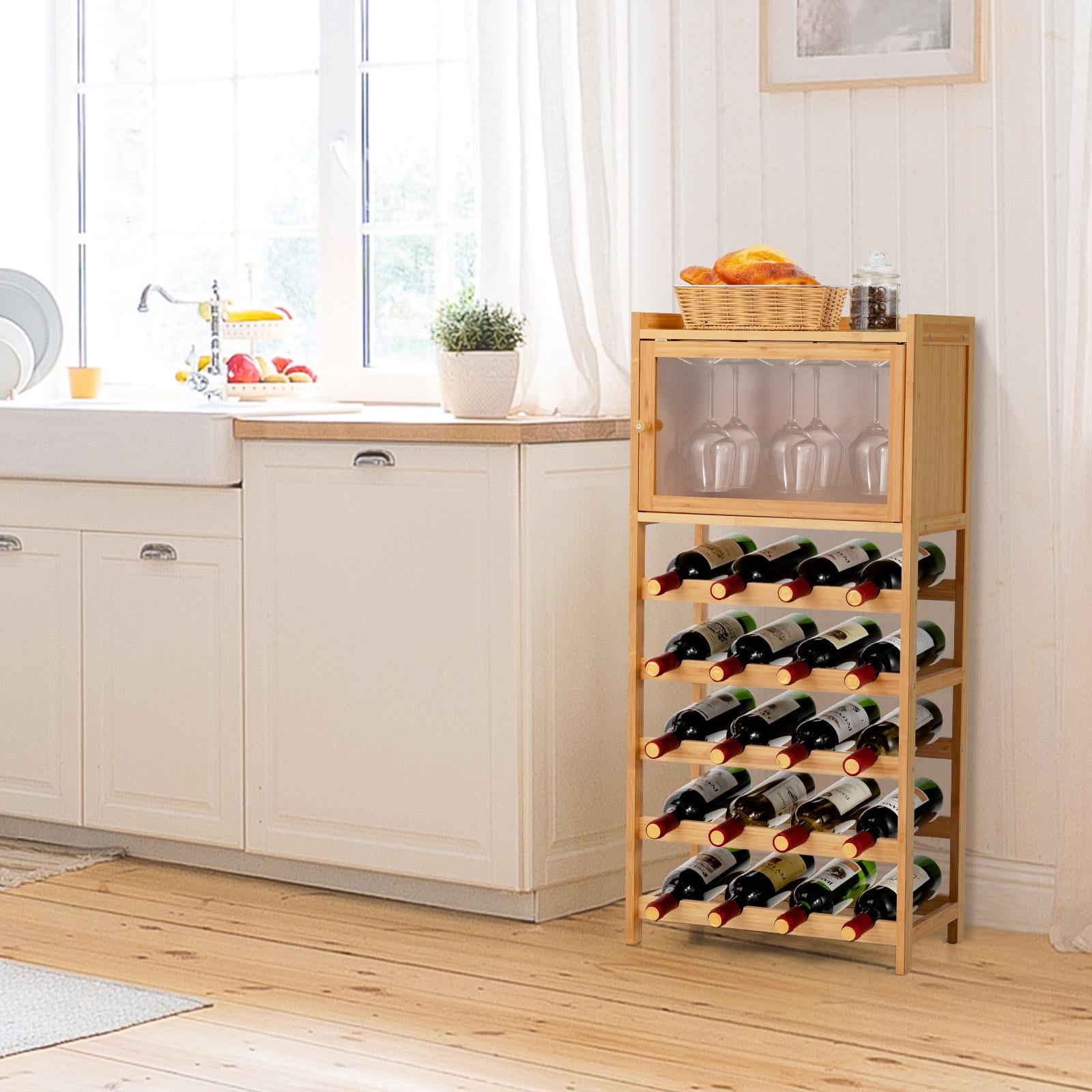 20-Bottle Freestanding Bamboo Wine Rack Cabinet with Display Shelf and Glass Hanger-Natural丨Costway