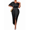 thumbnail image 3 of Women'S Satin Silky Long Sleeve V Neck Lace Up High Waist Side Split Maxi Dress, 3 of 7