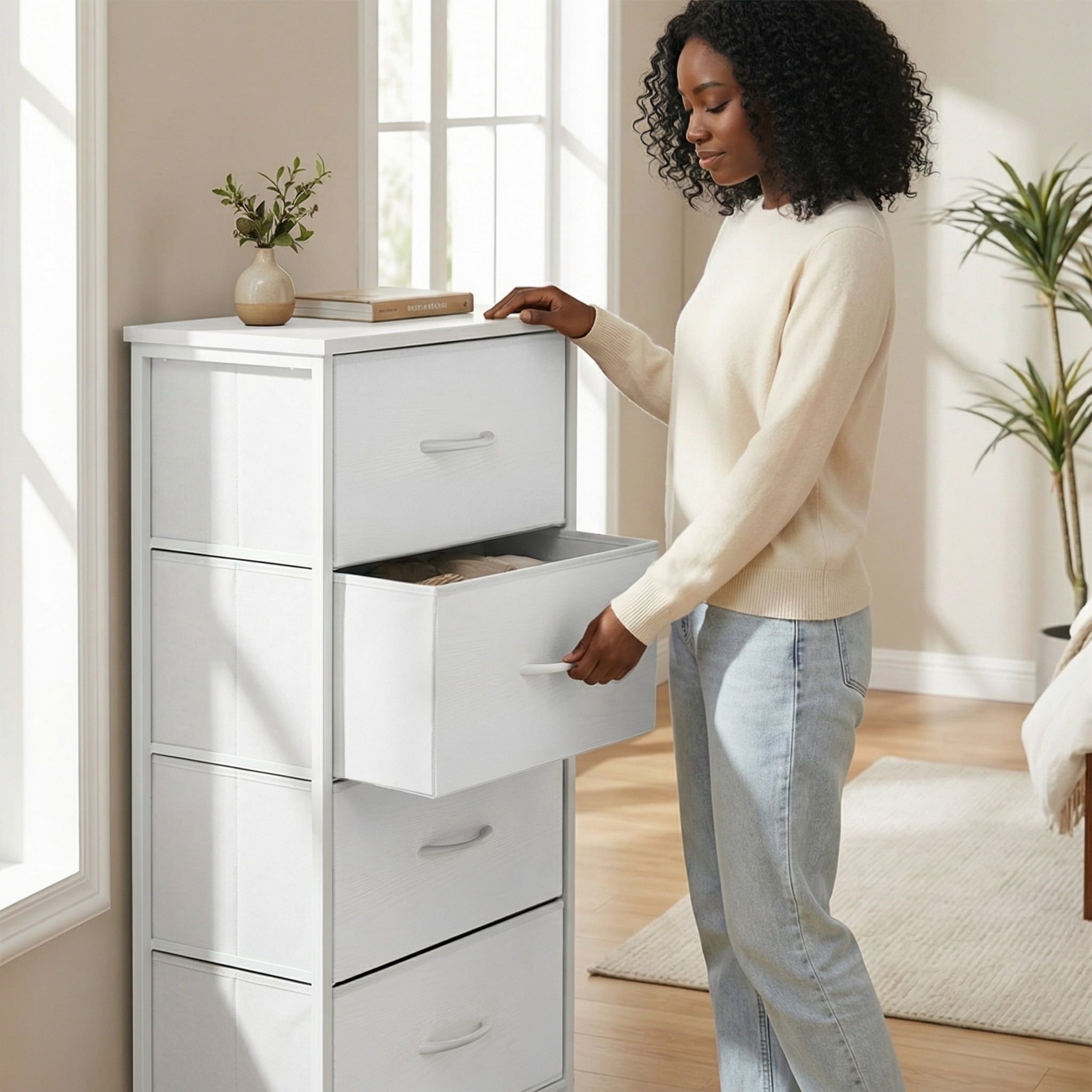 CONCETTA 4 Drawer Dresser, Wide Chest Drawers Nightstand Storage Tower Storage Fabric Dresser With Wood Top for Living Room, Bedroom, Closet, White