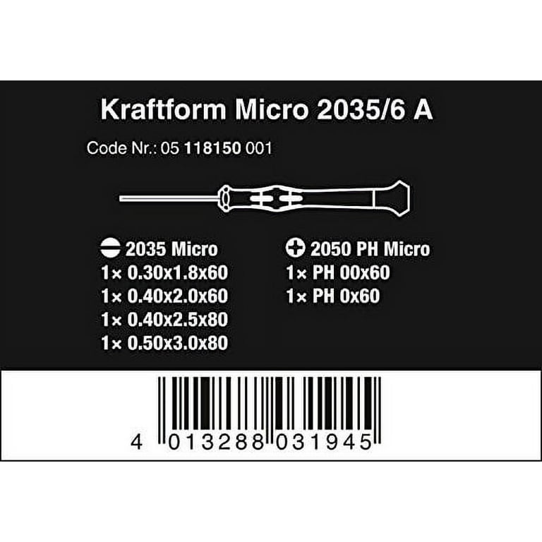 Wera 118150 Kraftform Micro Slotted/Phillips Precision Screwdriver Set +  Rack