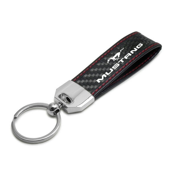 iPick Image for Ford Mustang Real Black Carbon Fiber Loop Strap Key Chain with Red Stitching, Official Licensed