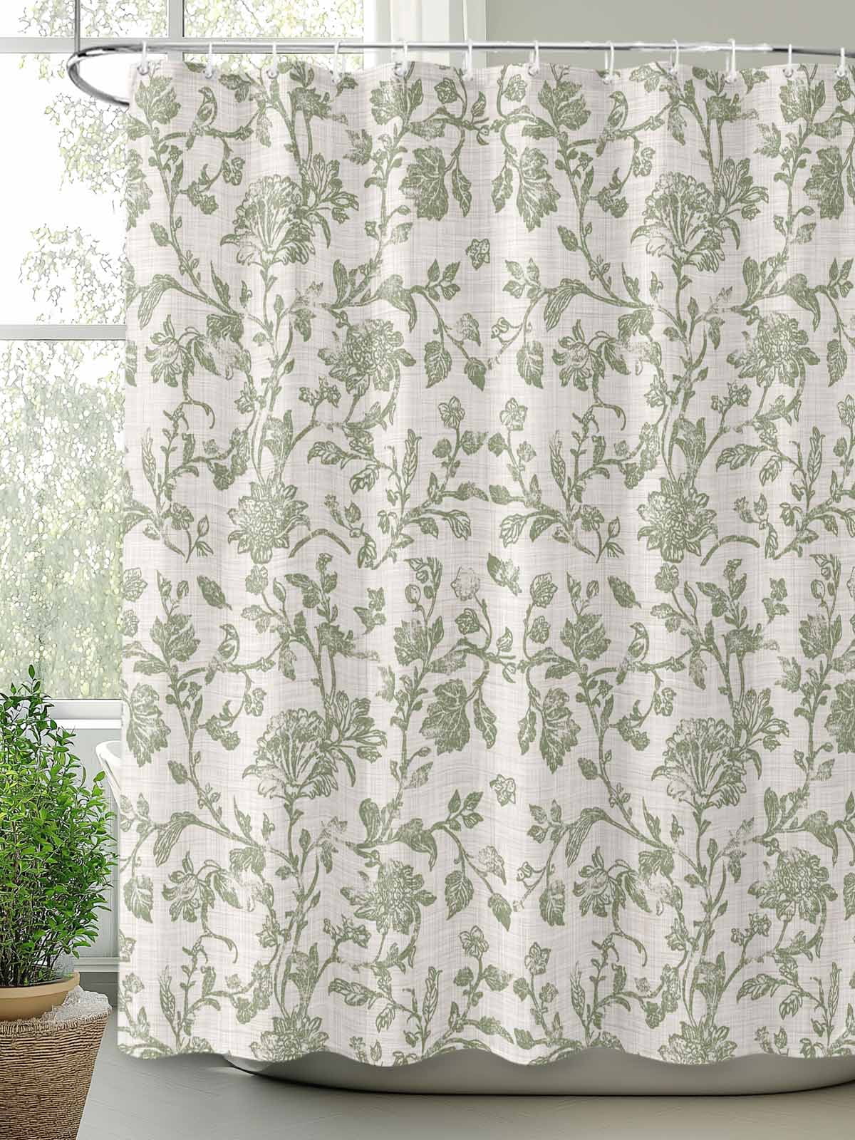 Farmhouse Sage Green Bathroom Curtain 72 Inch Shower Curtain with Hooks, Vintage Flower Leaf Botanical Waterproof Polyester Bath Curtain Washable Bathtub Curtain 72''x 72''