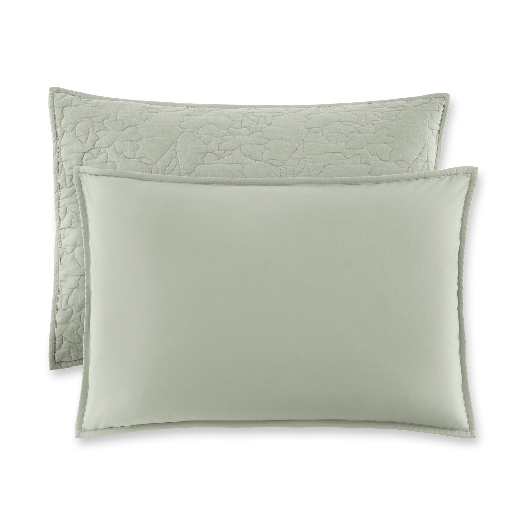 Beautiful 100% Cotton Floral Stitched Sage Green Sham Set, Standard/Queen, 2-Piece by Drew Barrymore