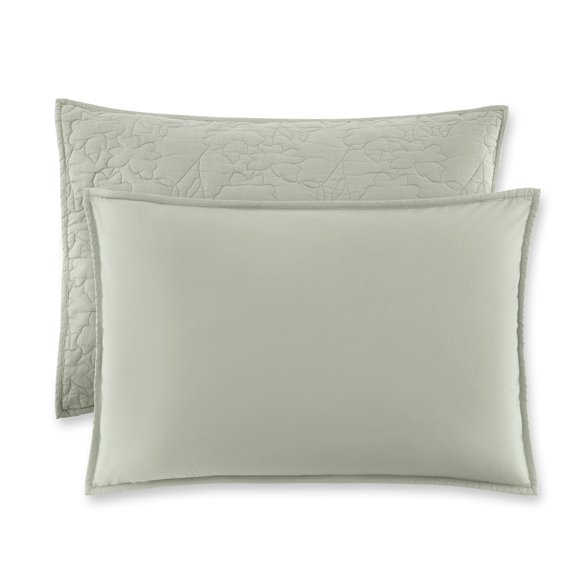 Beautiful 100% Cotton Floral Stitched Sage Green Sham Set, King, 2-Piece by Drew Barrymore