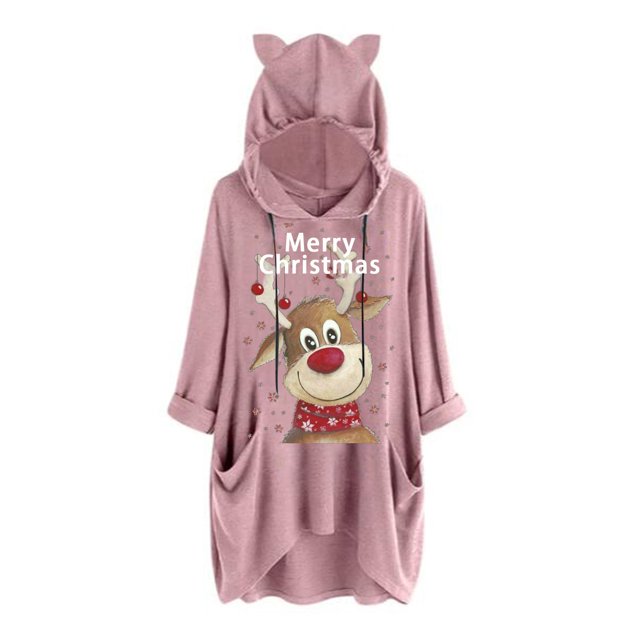 Pntutb Mujer Navidad Casual Ciervo Estampado Con Capucha Manga Larga Bolsillo Top Blusa Camisa Pntutb Pntutb-3030