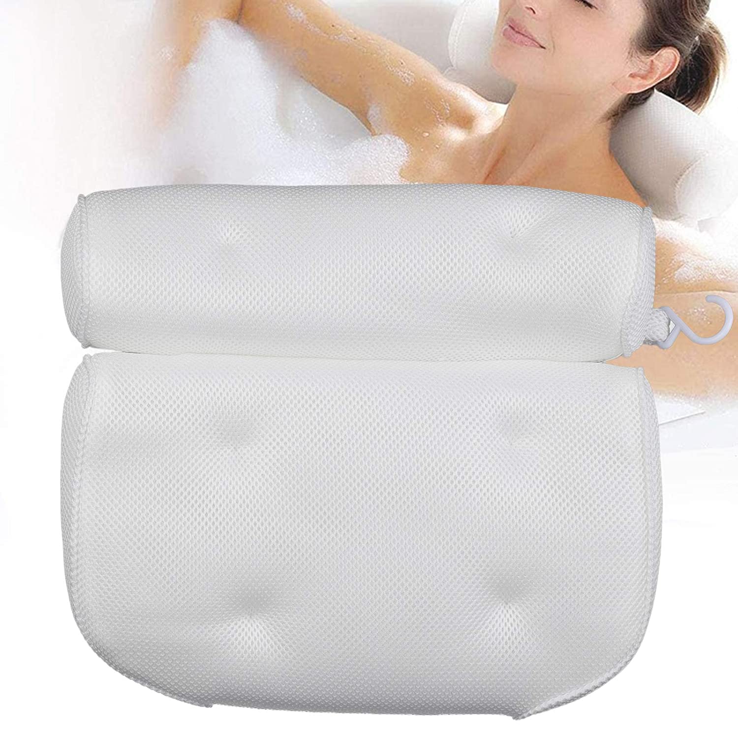Rectangle 3D Mesh Bathtub Pillow with 6 Suction Cups Non Slip Spa