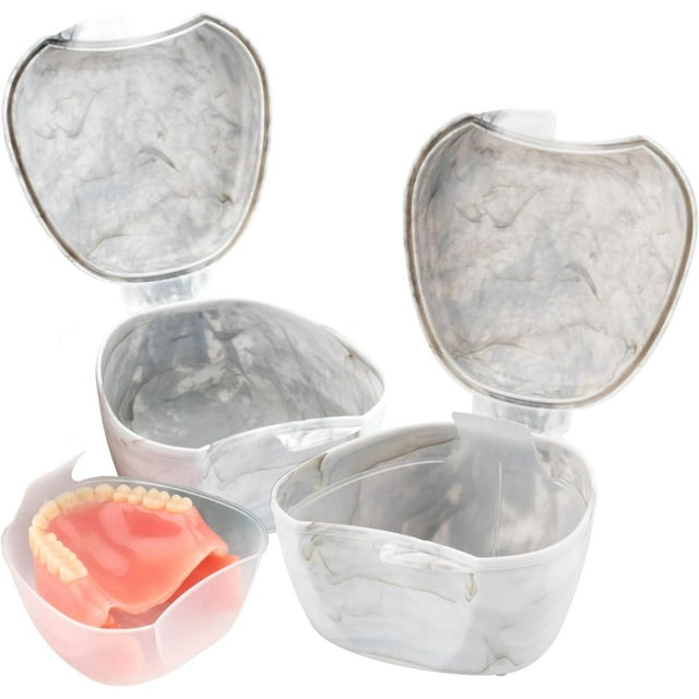 Practicon Easy Open Denture Bath & Case, with Strainer Basket for Soaking, Cleaning, and Storage, Two Pack (Marble & Marble)