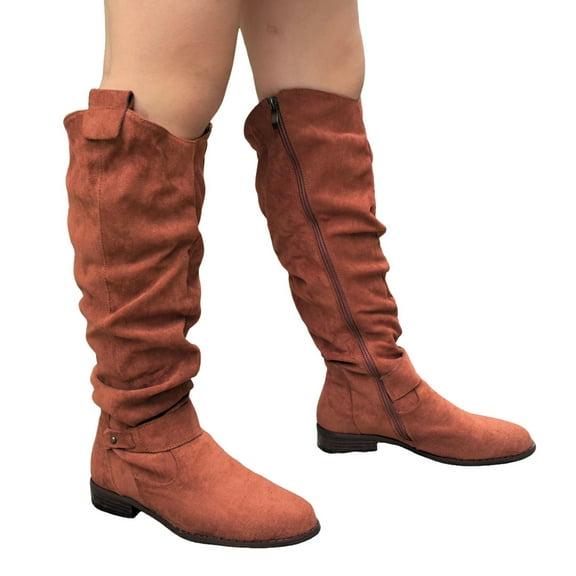 Suede Slouchy Brown Cowboy Boots for Women Wide Calf Block Low Heel Knee High Boots Pointed Toe Western Riding Booties Size 8.5
